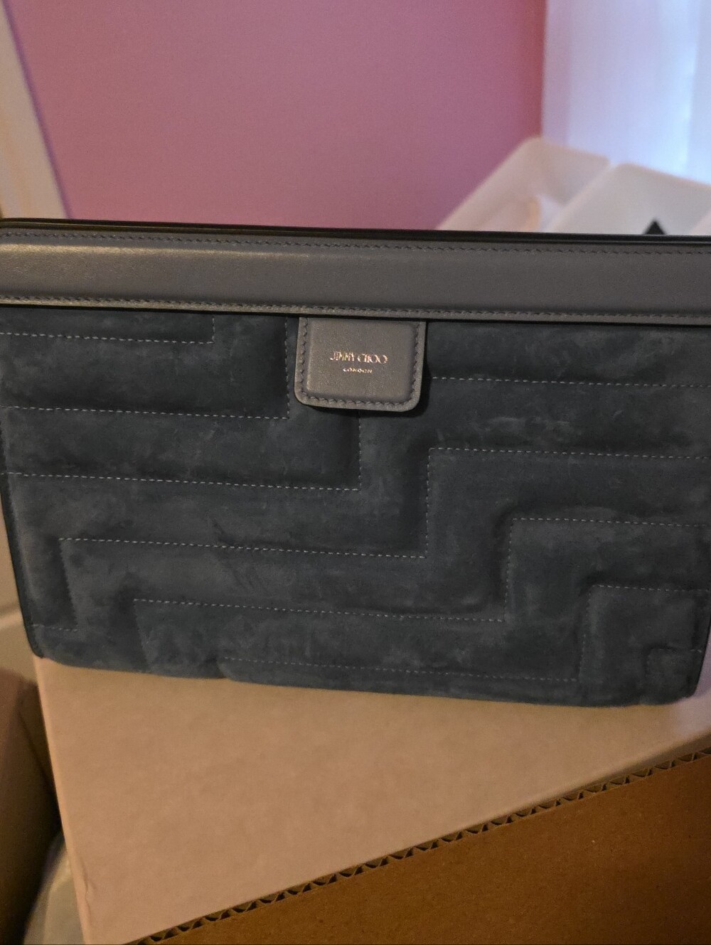RARE JIMMY CHOO AVENUE POUCH,QUILTED SUEDE. BUTTERFLY BLUE/GUNMETAL/ NEW